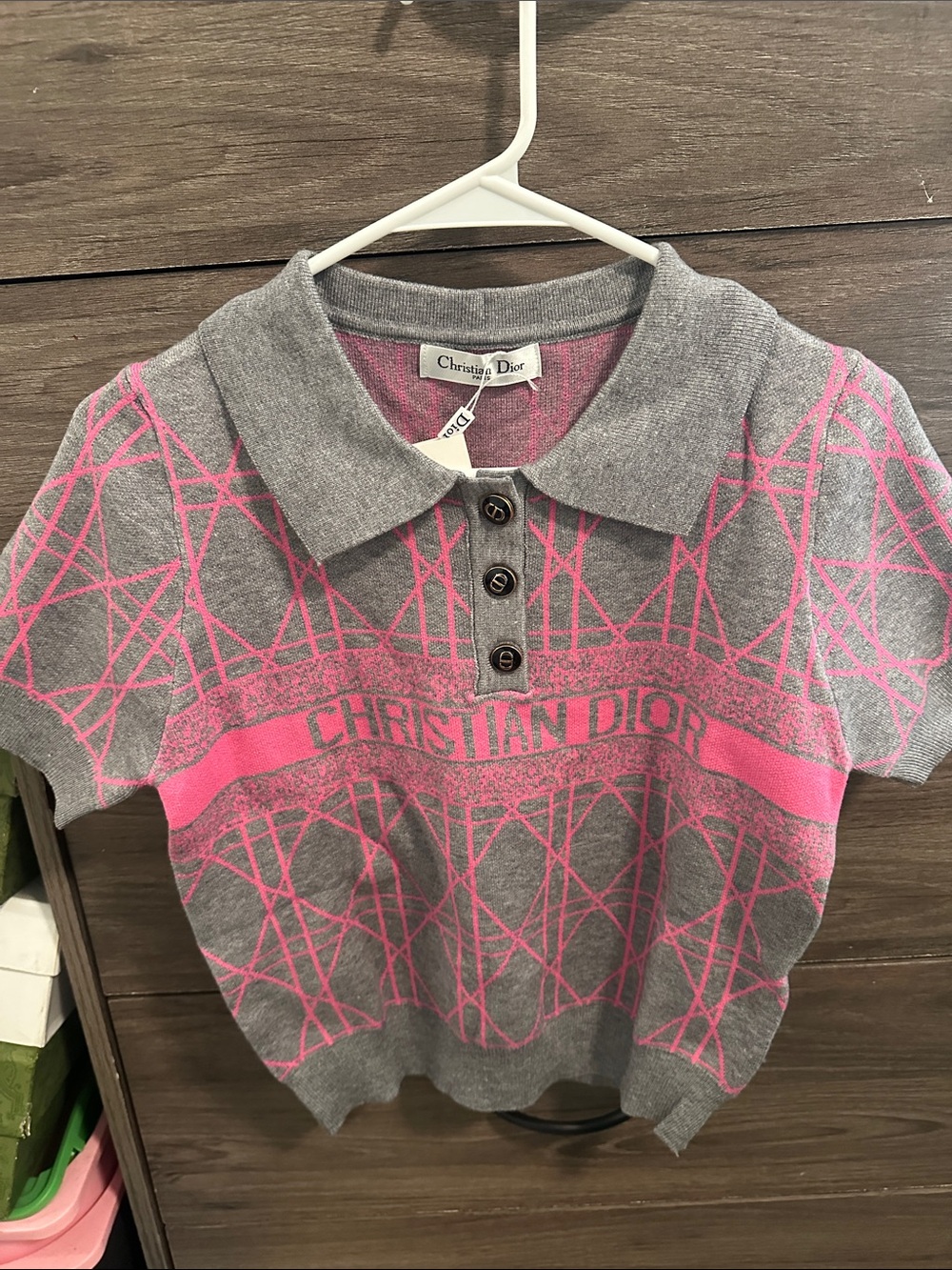 Grey & Pink Knit Polo Top size S